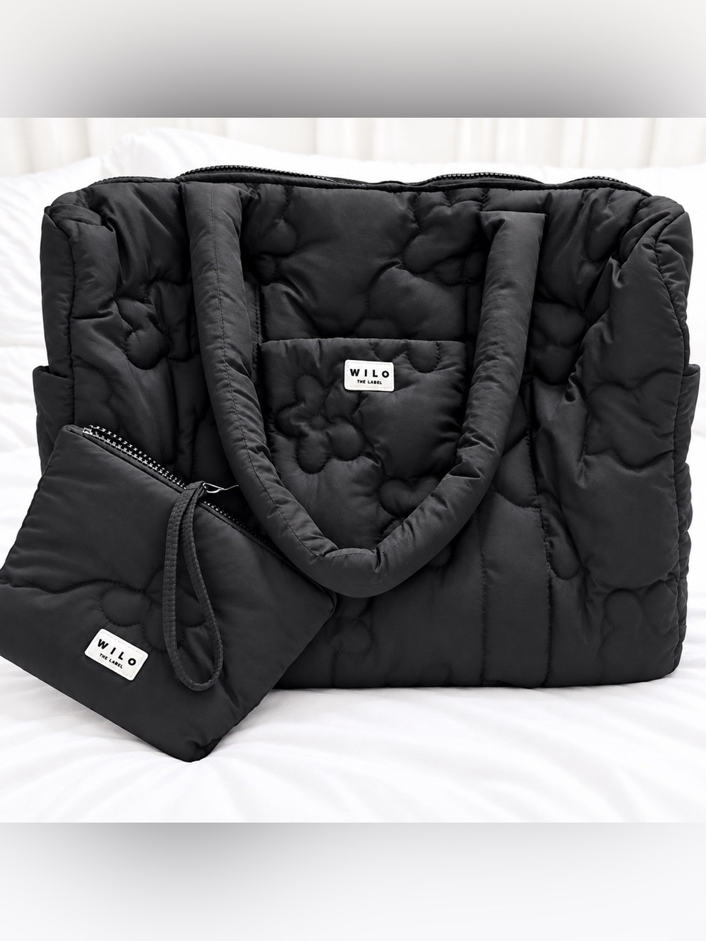 WILO The Label Black Quilted Floral Tote Bag With Matching Pouch NEW